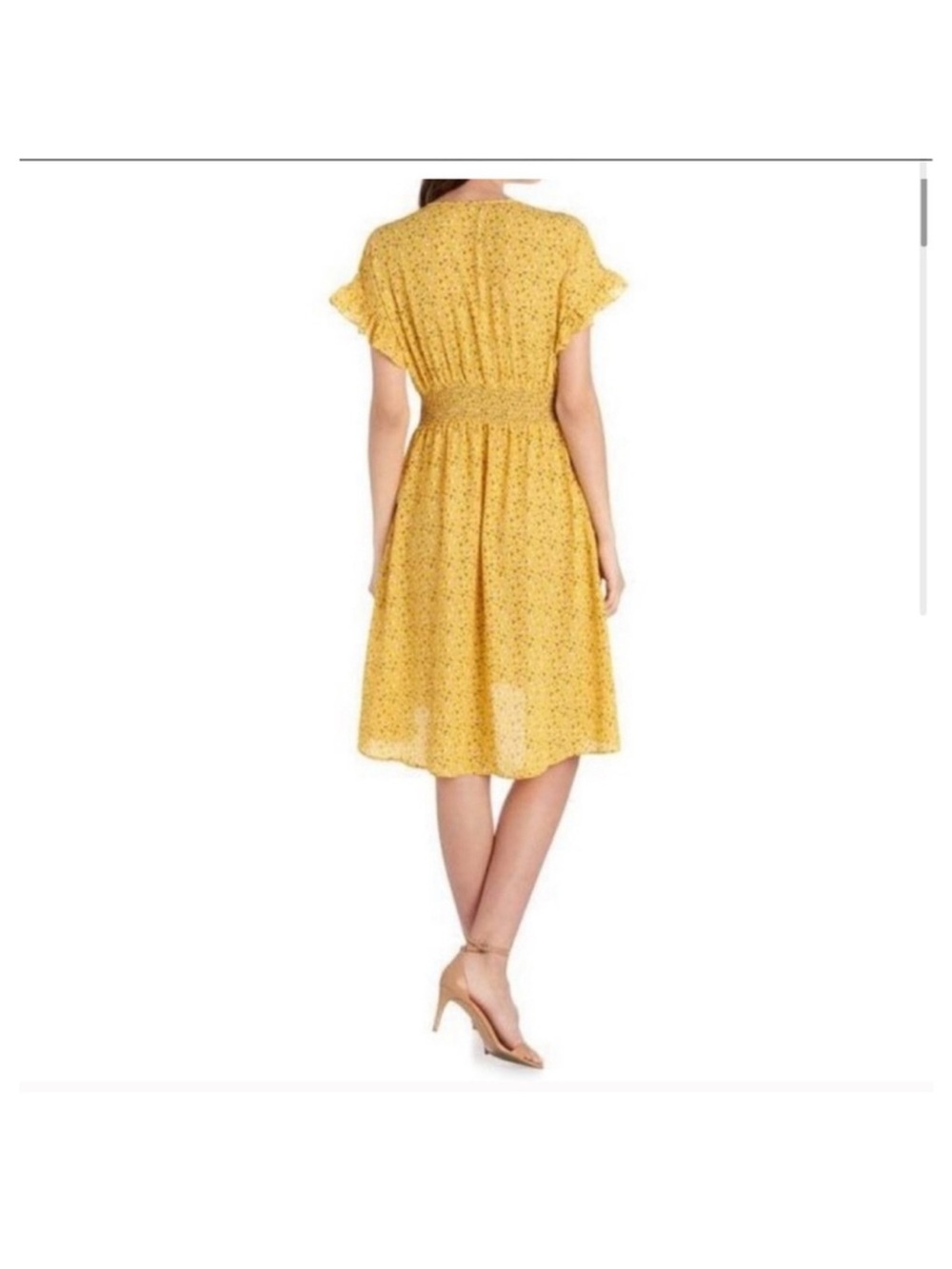 Max Studio Yellow Floral Smocked Midi Dress with Flutter Sleeves